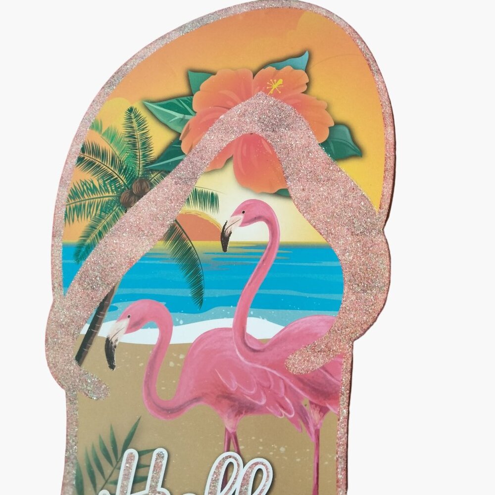 Flip Flop Hello Summer Sign Tropical Flamingos Luau Beach Patio Pool Tiki - Picture 2 of 7